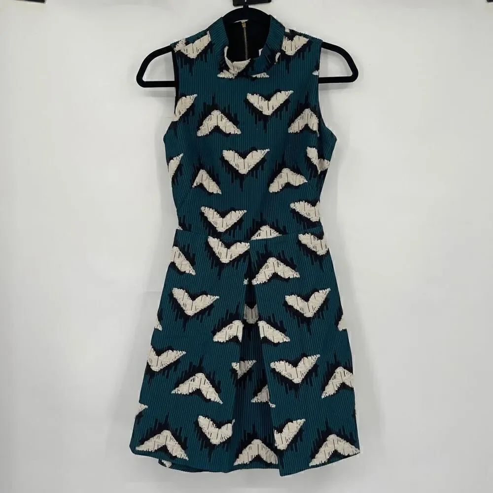 Hunter Bell Womens Teal Sleeveless Pleated Zip Geometric Fit Flare Mini Dress 2